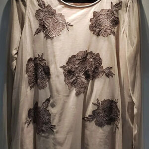 (1)Logo  Lavish Tan Floral Embroidered Mesh,Knit Flowy top US L